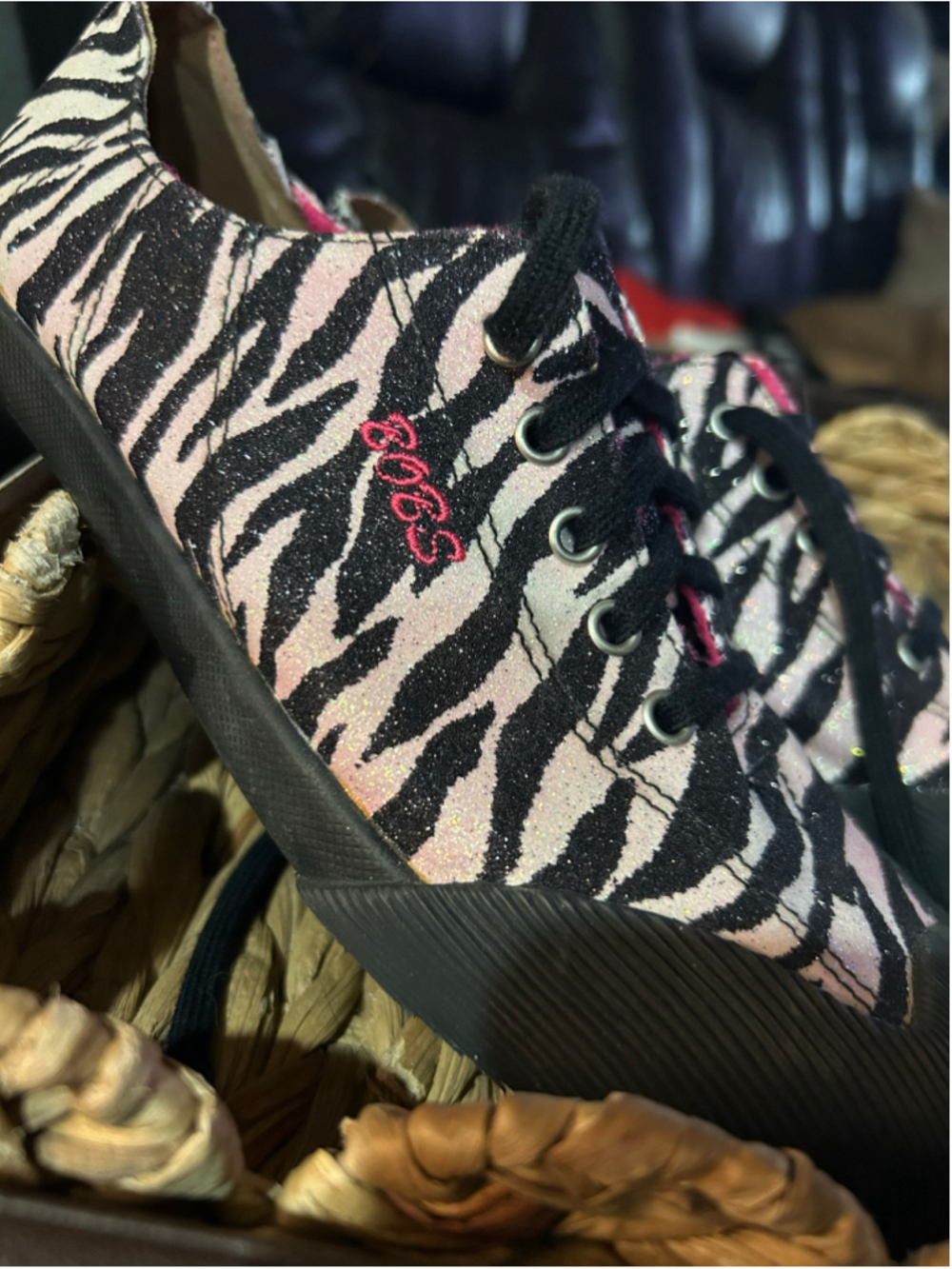Women's BOBS from Skechers Zebra Print Sneakers Black and Pink 8